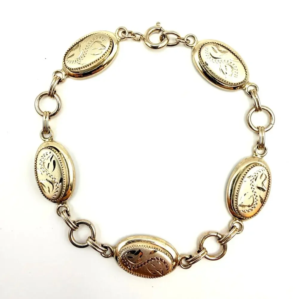 Vintage Mid-Century Silver Tone Floral Etched Oval Panel Chain Bracelet 7